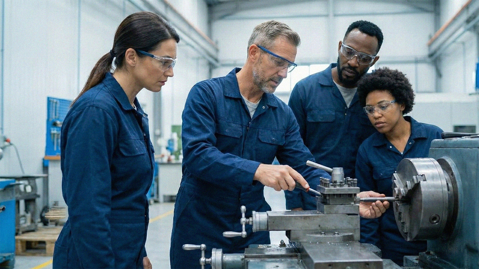 Maintenance team collaborating on equipment